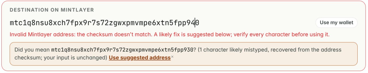 Mintlayer wallet detecting and correcting a typo in a bech32 address